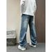 Men's Pleated Wide-Leg Jeans, Curved Hem Loose Fit Denim Pants With Layered Design For Casual Streetwear_mkmklike.com