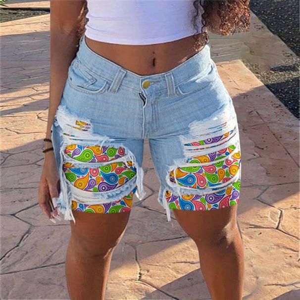 Women's Clothing Patch Ripped Denim Shorts Women's Washed Raw Edge Slim Fit Shorts_mkmklike.com