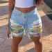 Women's Summer New Style Melting Colors Print Colorblock Patchwork Denim Shorts Fashionable Distressed Patch Denim Straight Tube_mkmklike.com