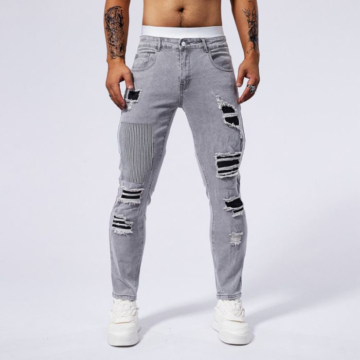 Men's Slim Fit Stretch Distressed Embroidered Denim Jeans Comfortable Fashionable for All Seasons_mkmklike.com