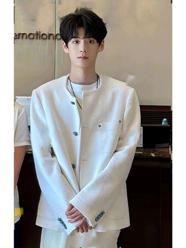 Designer Men's White Short New Spring Autumn High-End Lazy Style Collarless Jacket_mkmklike.com