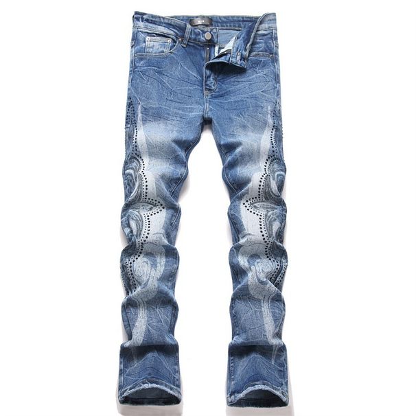 Men's High-Street Washed Blue Print Crystal Rhinestone Distressed Slim Fit Flared Denim Jeans_mkmklike.com