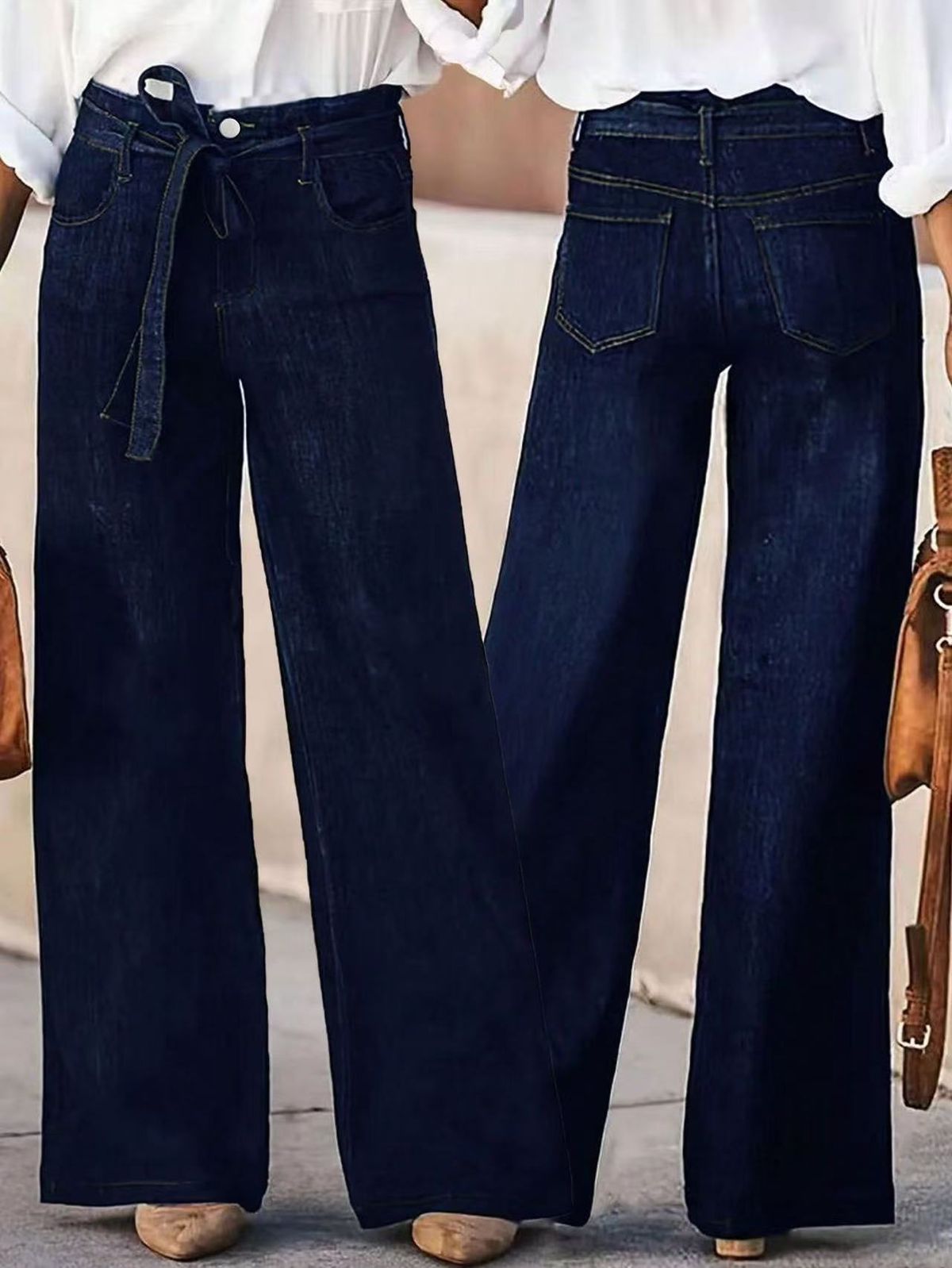 Women's Clothing Vintage High-Waisted Flared Jeans For Women - Retro Wide Leg Denim Pants With Stretch, Classic Black & Indigo Blue_mkmklike.com