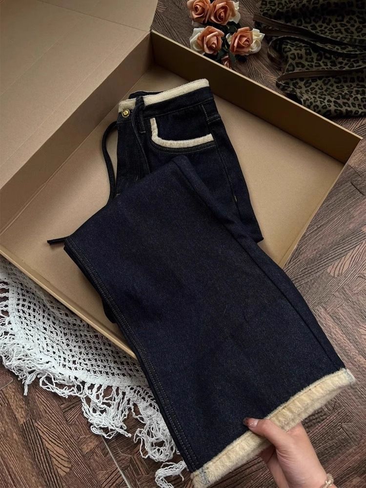 Plus Size Winter Jeans For Women - High Waist Wide Leg Fleece Lined Denim Pants, Thickened Warm Straight Cut, Stylish Casual & Office Wear (Dark Blue)_mkmklike.com