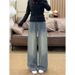 Rhinestone-Embellished High-Waisted Wide-Leg Jeans For Women – Vintage Blue, Flowy & Floor-Length Styling For Effortless Elegance_mkmklike.com