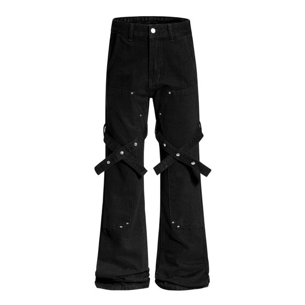 Hippie Vibes Niche Lace-Up Flared Pants Men's High Street Trendy Design Personality Wide-Leg Jeans_mkmklike.com