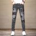 Men's Distressed Print Skinny Jeans – Vintage-Inspired Patchwork Denim Pants With Mid-Rise Fit & Stretch Comfort (Dark Grey, 28-38)_mkmklike.com