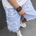 Men's Denim Shorts Mid-Length Ripped Distressed Straight Leg Frayed Edges Summer Regular Fit Multi Process Pants_mkmklike.com