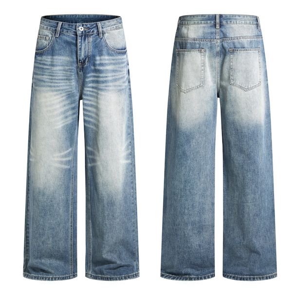 Men's High Street Vintage Washed Jeans – Wide-Leg Distressed Denim Pants With Cat Whisker & Floral Tie-Dye (S-2XL, Classic Blue)_mkmklike.com