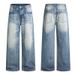 Men's High Street Vintage Washed Jeans – Wide-Leg Distressed Denim Pants With Cat Whisker & Floral Tie-Dye (S-2XL, Classic Blue)_mkmklike.com