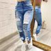 Women's Washed Mid-Rise Skinny Jeans Letter Print Ripped Jeans_mkmklike.com