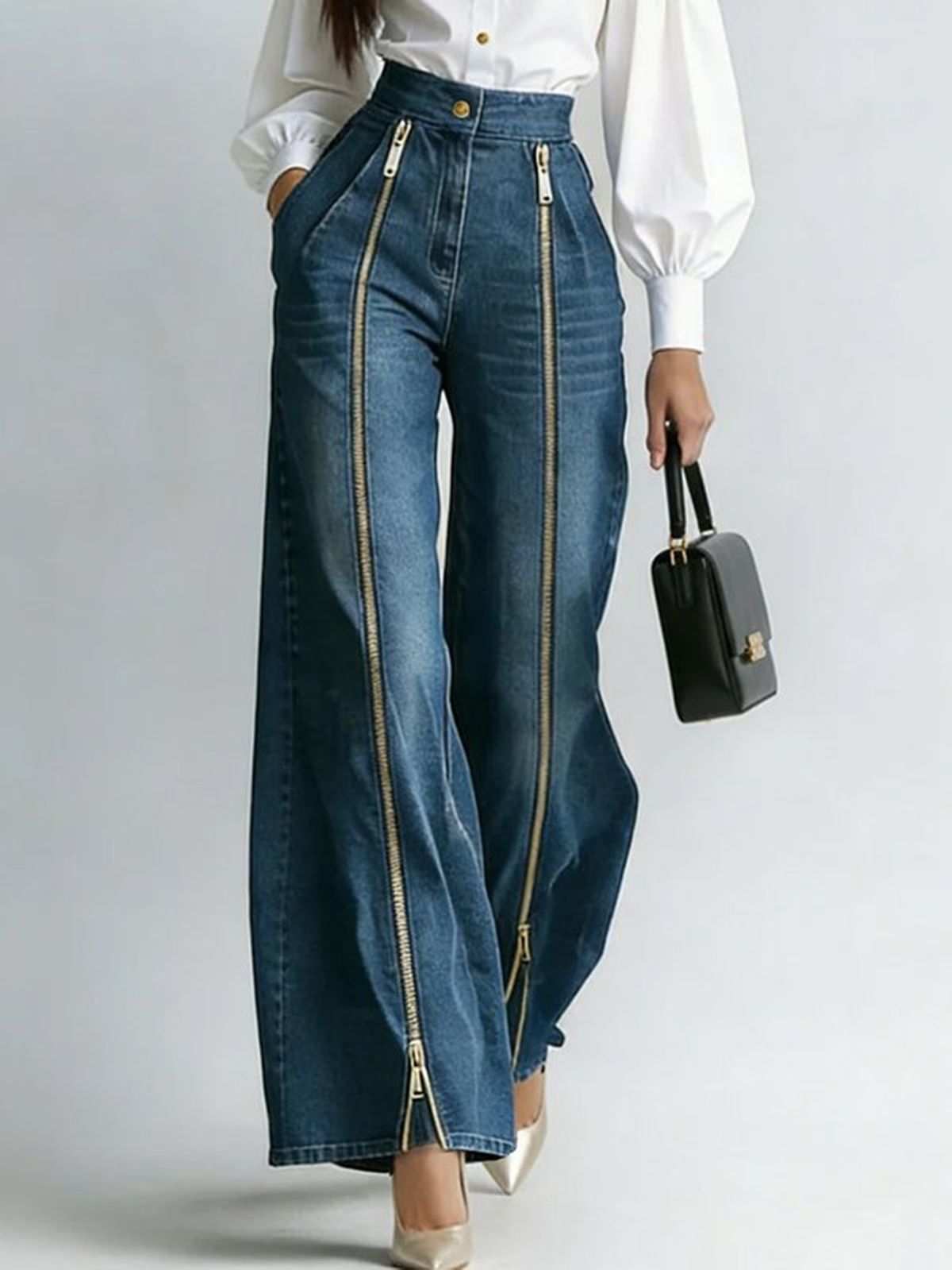 Women's Cross Border European American Style Pleated Washed Double Zipper Wide Leg Jeans Fashionable Casual Straight Leg Trousers_mkmklike.com