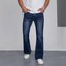 Men's Trendy Stretch Denim Trousers Slim Fit Business Casual Flared Hem Navy Blue_mkmklike.com