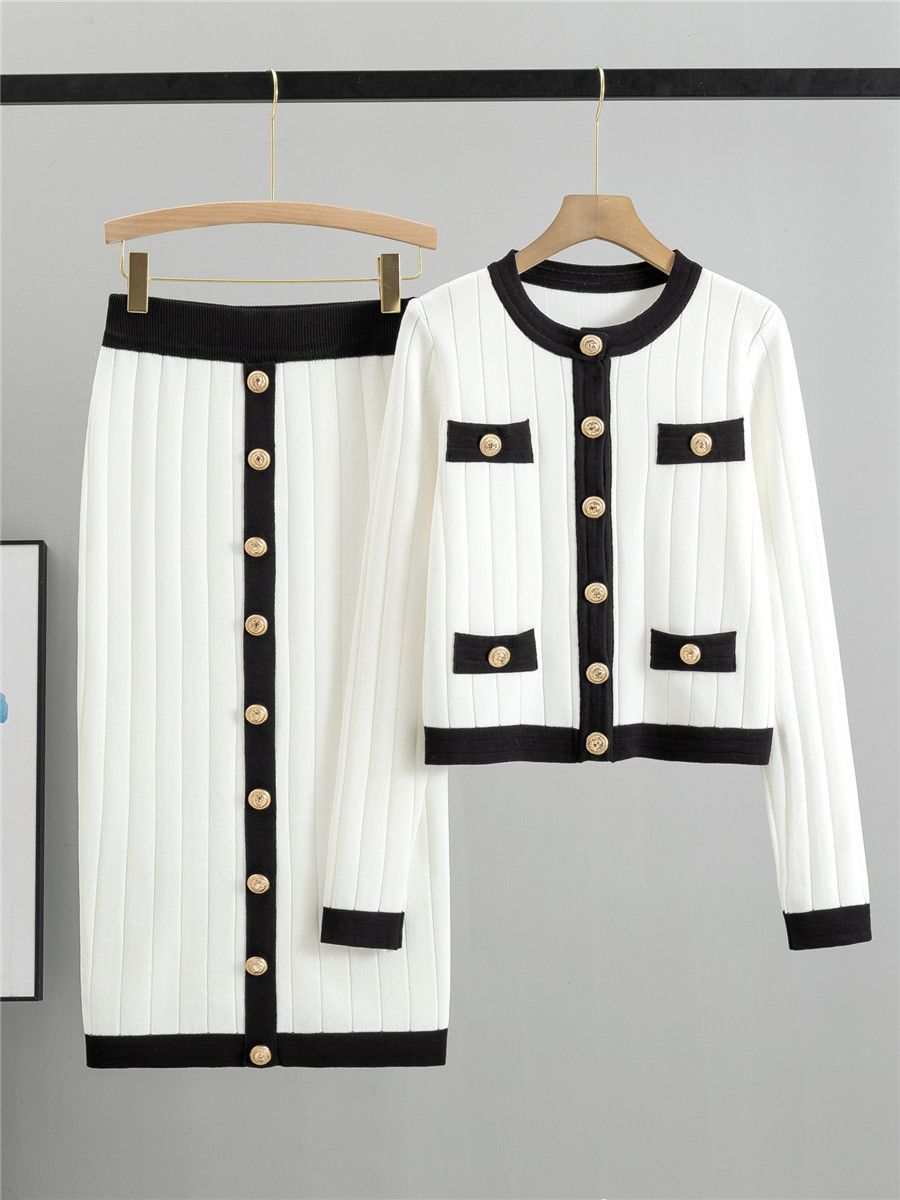 Women's haute couture French socialite knit suit slim coat skirt two-piece set_mkmklike.com
