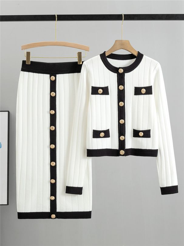 Women's haute couture French socialite knit suit slim coat skirt two-piece set_mkmklike.com
