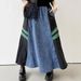 New Style Retro Design Stitching Contrast Color Denim Skirt Elastic Waist Drawstring Loose Long Skirt_mkmklike.com