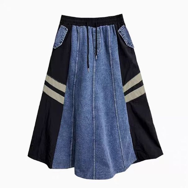 New Style Retro Design Stitching Contrast Color Denim Skirt Elastic Waist Drawstring Loose Long Skirt_mkmklike.com