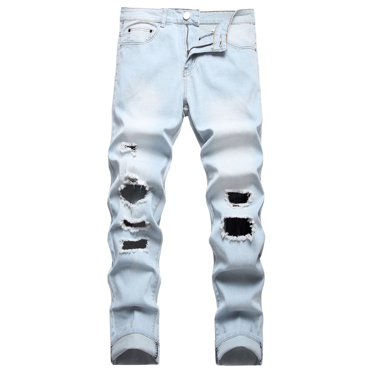 Men' Fahion Export Light White Blue Large Ripped Slim Fit Jean Stretch European And American Trendy Denim_mkmklike.com