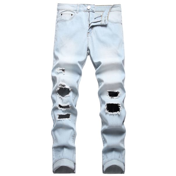 Men' Fahion Export Light White Blue Large Ripped Slim Fit Jean Stretch European And American Trendy Denim_mkmklike.com