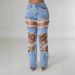 Women's Pearl Embellished Ripped Jeans - Stretch Wide Leg Denim Pants, Vintage Washed Loose Fit For Streetwear & Casual_mkmklike.com