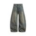 Men's Vintage Washed Distressed Jeans - Baggy Wide-Leg Denim Pants With Retro Fading & Unique Sickle Cut (Blue)_mkmklike.com