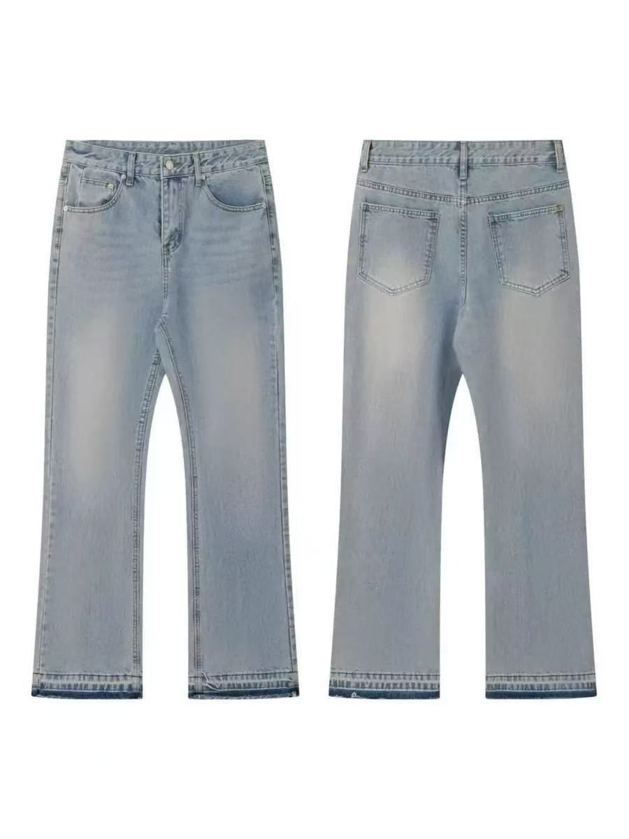 Vintage Cleanfit Distressed Jeans Retro Washed Denim Pants Fringe Hem Relaxed Straight Leg Black Grey Blue S-XL Men Women_mkmklike.com