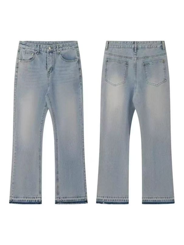 Vintage Cleanfit Distressed Jeans Retro Washed Denim Pants Fringe Hem Relaxed Straight Leg Black Grey Blue S-XL Men Women_mkmklike.com