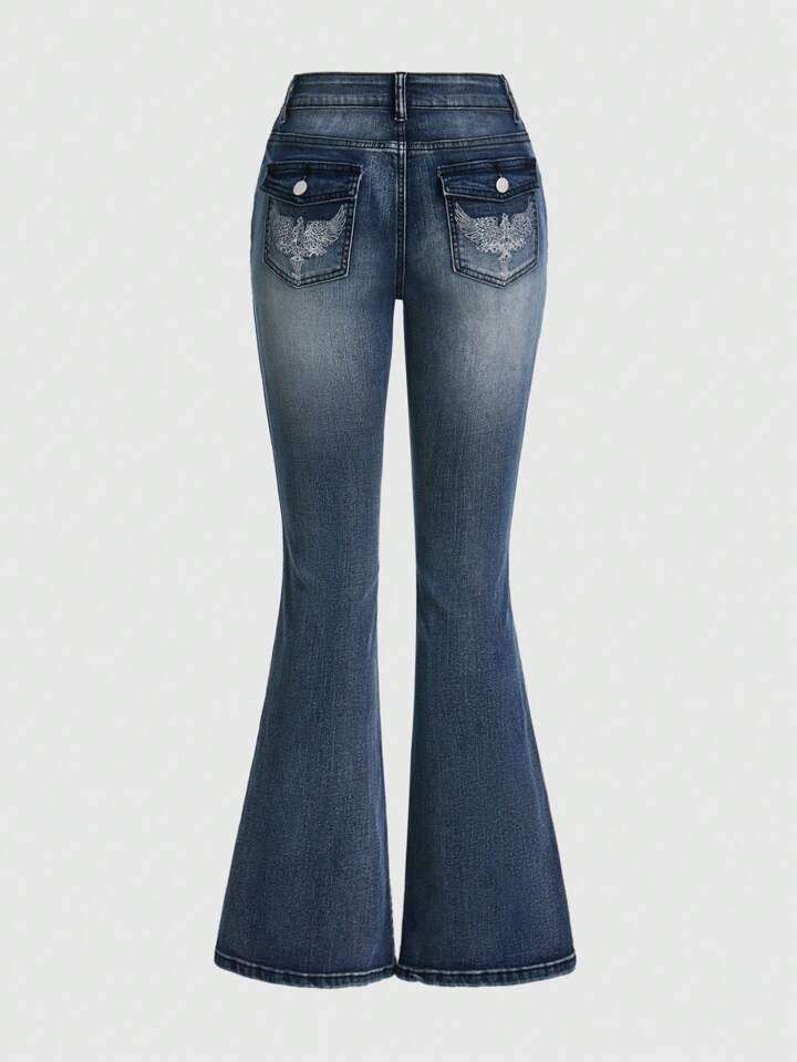 Women's Flared Jeans With Embroidery – Vintage-Inspired Bootcut Denim Pants For Casual & Streetwear_mkmklike.com