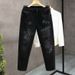 Men's Trendy Black Washed Distressed Jeans Loose Fit Straight Leg Casual Denim Pants with Rhinestone Embellishments_mkmklike.com