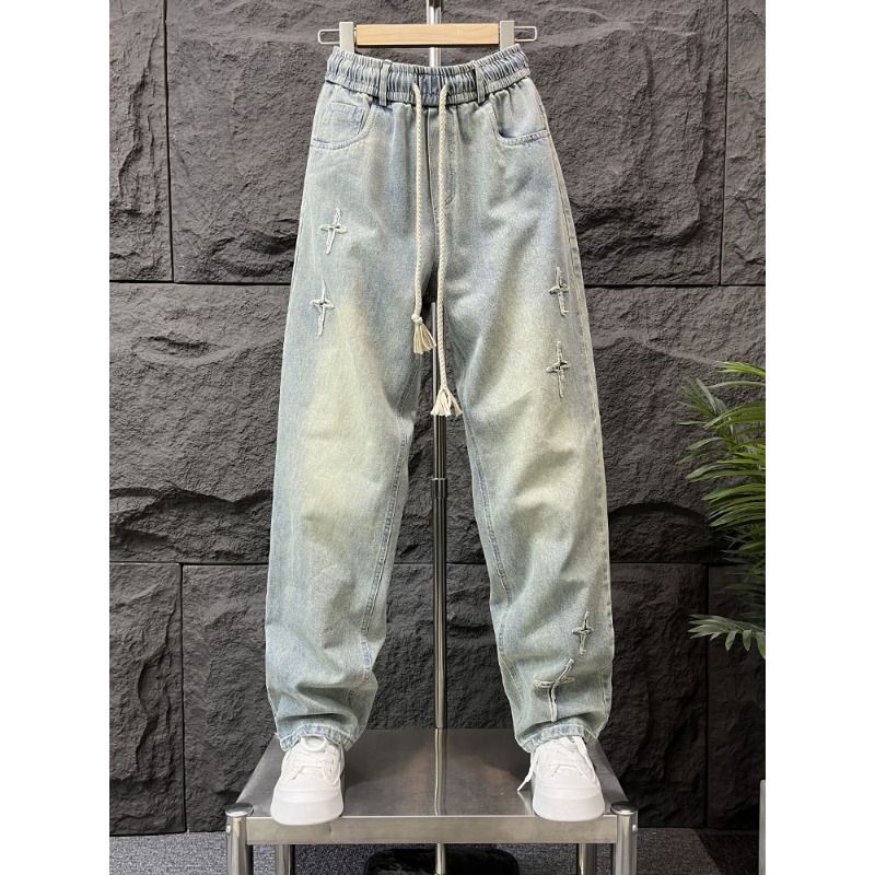 Men's Clothing Retro Washed Embroidered Jeans High Street Trendy Loose Straight Leg Wide Leg Trousers Floor Length_mkmklike.com