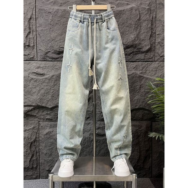 Men's Clothing Retro Washed Embroidered Jeans High Street Trendy Loose Straight Leg Wide Leg Trousers Floor Length_mkmklike.com