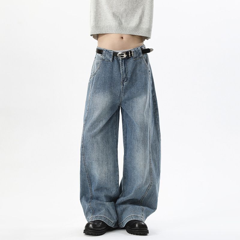American-style Deconstructed Vintage Washed Bamboo-pattern Jeans For Men, Spring Trendy Brand, Loose Fit, Versatile_mkmklike.com