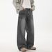 Men's Washed Distressed Straight Leg Jeans With Lightning Cat Whisker & Rivets, Retro Style Semi-Stretch Denim Pants For Casual Wear_mkmklike.com