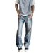 Men's Retro Blue Jeans American Style Summer Washed Distressed Straight Leg Loose Casual Pants_mkmklike.com