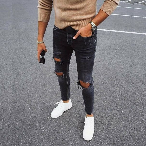 Men's stretch jeans trend Ripped knee skinny denim pants_mkmklike.com