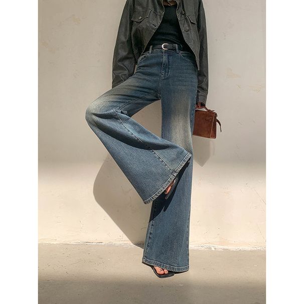Women's Clothing Retro Washed Blue Denim Jeans Slim Fit Flared Pants Wide Leg Floor Length Autumn Fashionable Style_mkmklike.com