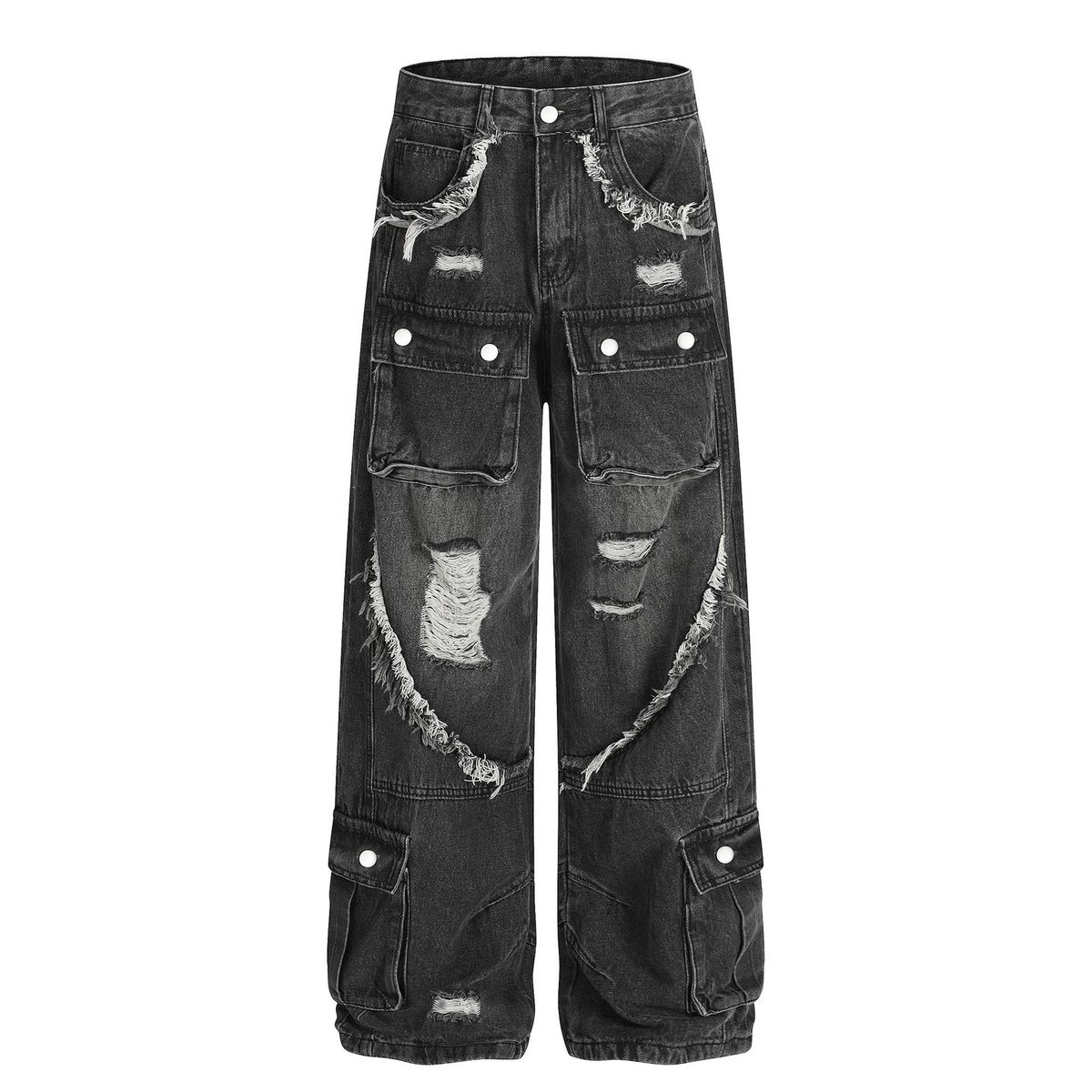 Streetwear Distressed Cargo Jeans – Oversized Straight Leg, Unisex, 80% Cotton, Mid-Rise, Raw Hem & Patchwork, Black & Blue, S-XL_mkmklike.com