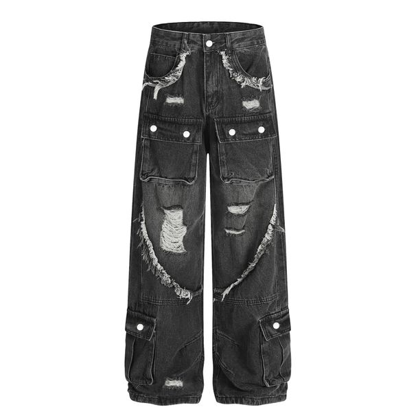 Streetwear Distressed Cargo Jeans – Oversized Straight Leg, Unisex, 80% Cotton, Mid-Rise, Raw Hem & Patchwork, Black & Blue, S-XL_mkmklike.com