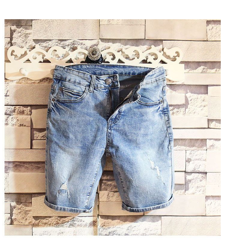 Men's Clothing Summer Slim Trend Men's Beggar Hole Washed Old Denim Shorts Korean Version Ins Straight 5 Point Pants_mkmklike.com