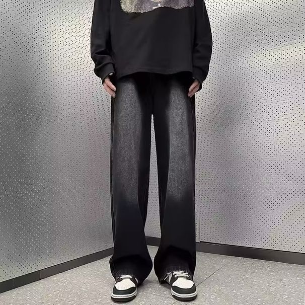 Men's Washed Straight Leg Jeans Casual Loose Fit Mid Waist Wide Leg Pants Trendy Brand Floor Length For Spring Autumn_mkmklike.com