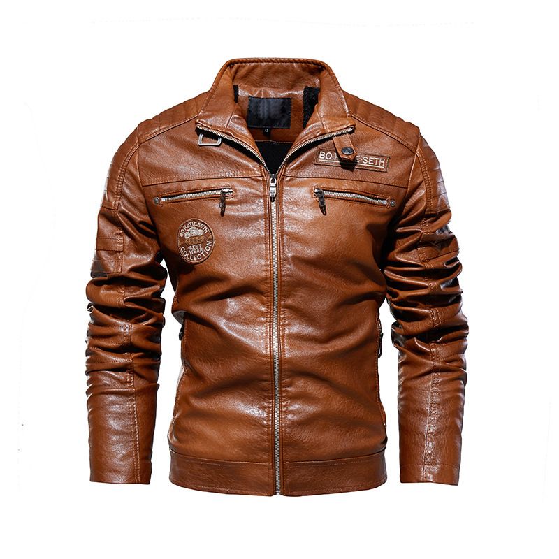 Men's leather jacket pu leather jacket European and American motorcycle clothing fleece leather jacket men_mkmklike.com