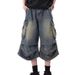 Men's Clothing Retro White Washed Multi Pocket Workwear Denim Shorts Men's Pleated Design Loose Drape Cropped Pants_mkmklike.com