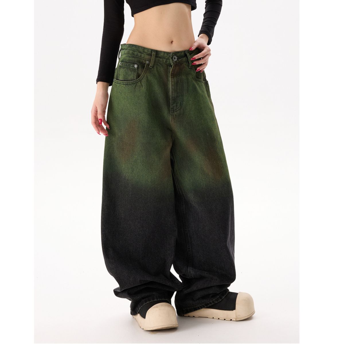 Aurora Green Washed Jeans – Oversized Streetwear Pants With Graffiti Fade For Unisex Y2K Aesthetic_mkmklike.com