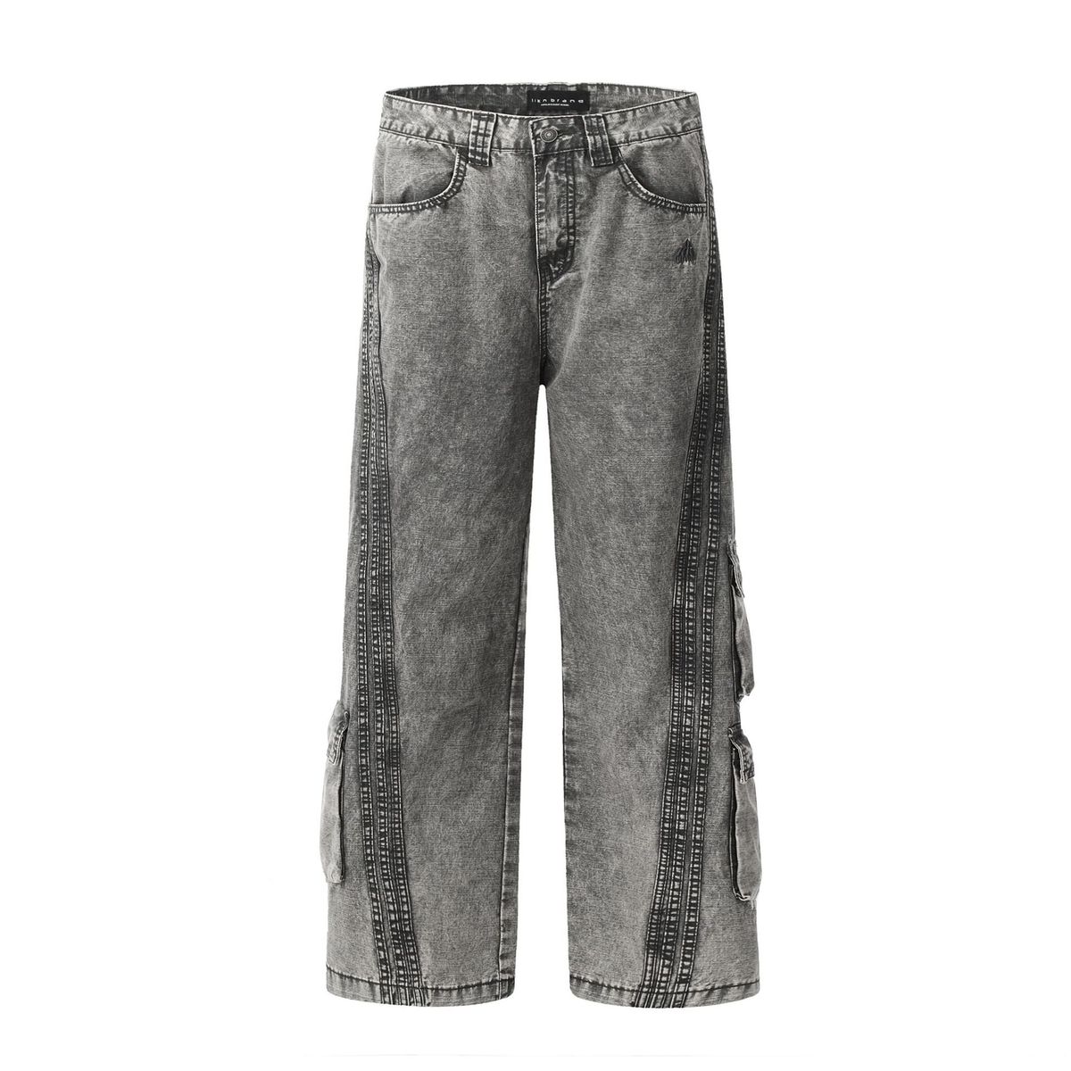Men's Clothing Retro Distressed Grey Multi Pocket Design Jeans Trendy Loose Straight Trousers_mkmklike.com