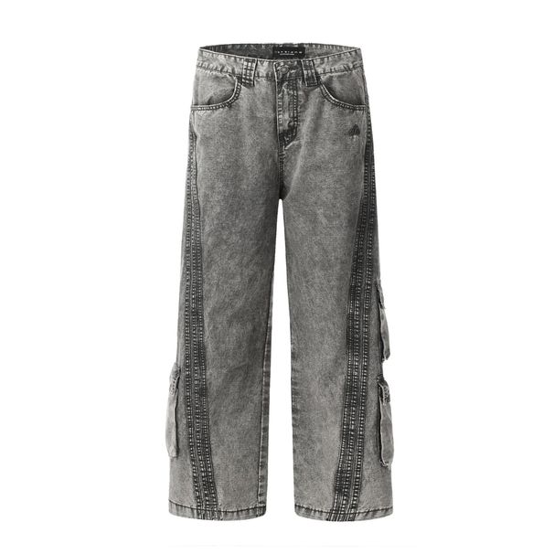 Men's Clothing Retro Distressed Grey Multi Pocket Design Jeans Trendy Loose Straight Trousers_mkmklike.com
