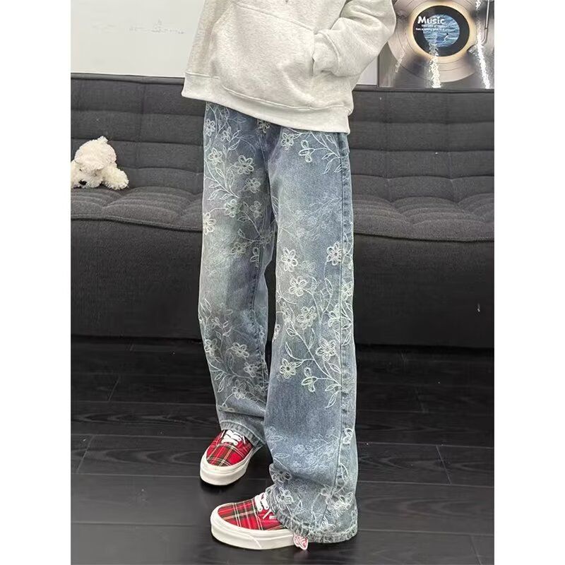 Men's Jacquard Washed Denim Jeans - Retro Cleanfit Style, Loose Fit Slightly Flared Leg_mkmklike.com