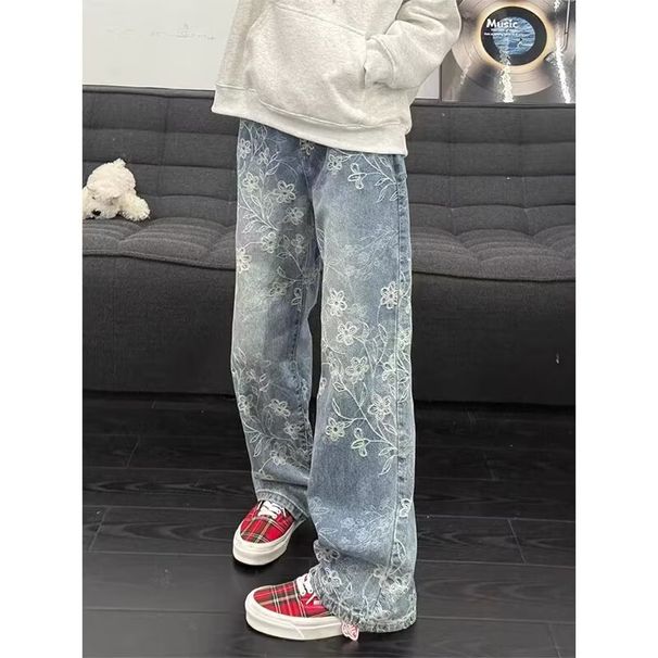 Men's Jacquard Washed Denim Jeans - Retro Cleanfit Style, Loose Fit Slightly Flared Leg_mkmklike.com