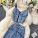 French Style Ins Women's Denim Skirt Two Piece Set 2025 New Female Sexy Short Sleeveless Suspender Crop Top + High Waist Denim Skirt Trendy Set_mkmklike.com