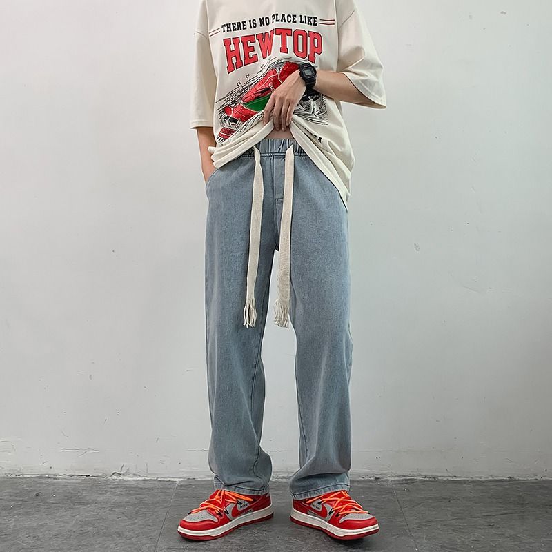 Men's Clothing Men's Retro Trendy Wide Leg Floor Length Jeans Hip Hop Loose Straight Leg Trousers Style Versatile Clothing_mkmklike.com