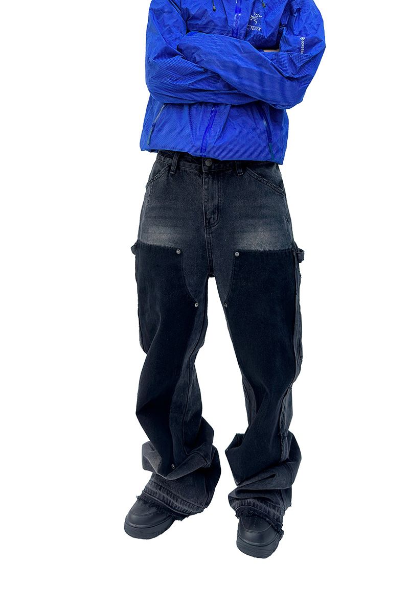 Distressed Denim Jeans With Knee-Wash Design, Rivets & Fringe Trim - Cleanfit Carpenter Pants For Men & Women_mkmklike.com